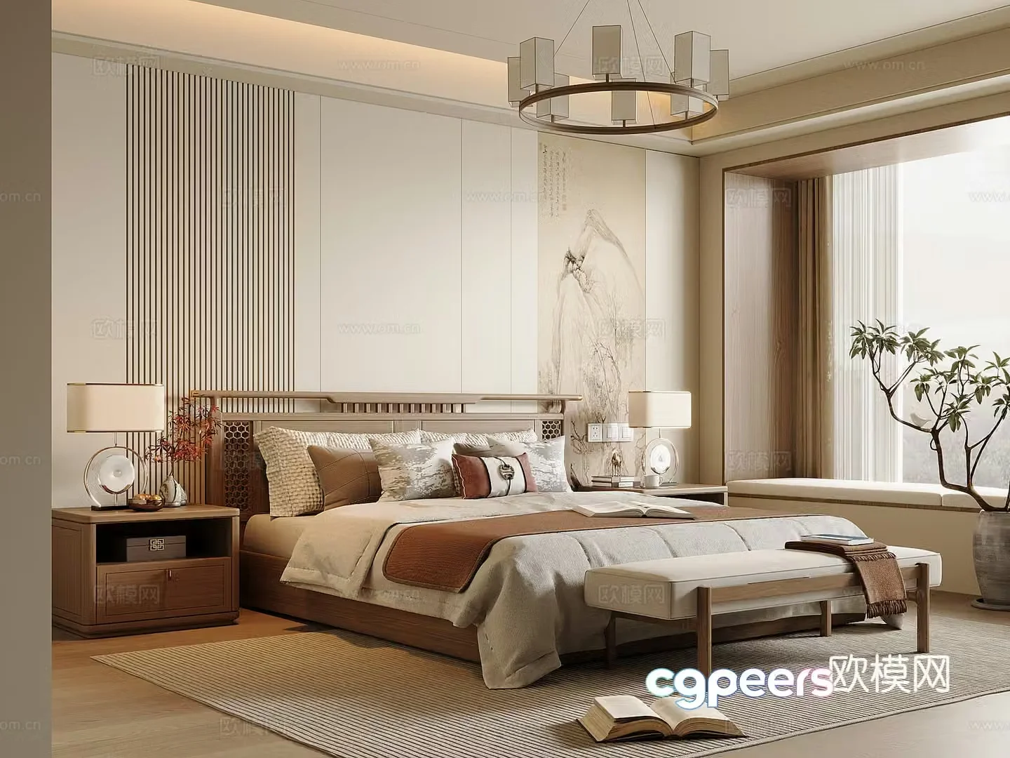 New Chinese style bedroom Song style solid wood double bed bed nightstand bed end stool Chinese style chandelier 3D model