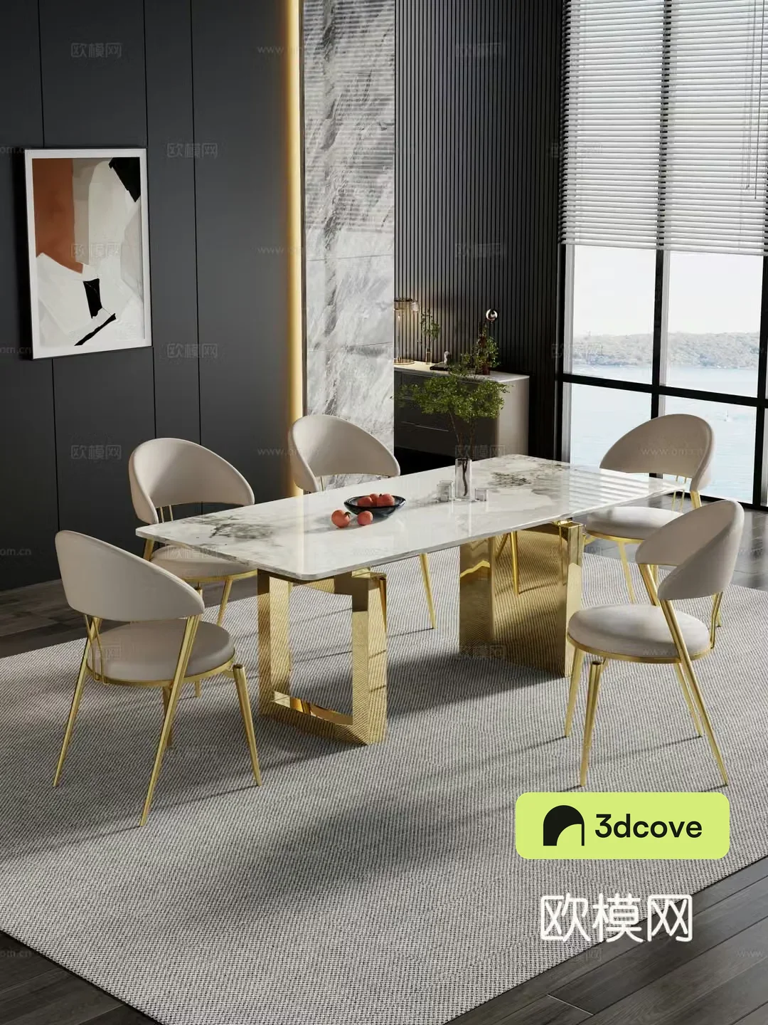 Restaurant Dining table and chair combination Rock table hanging paintings Decoration