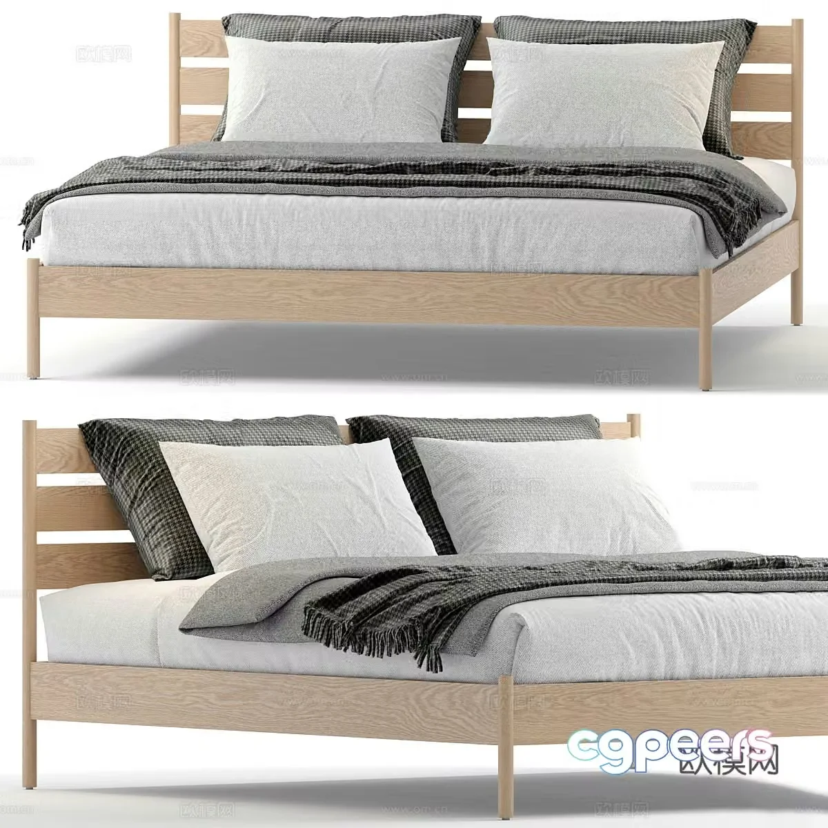 New Chinese style wooden fabric double bed 3D model