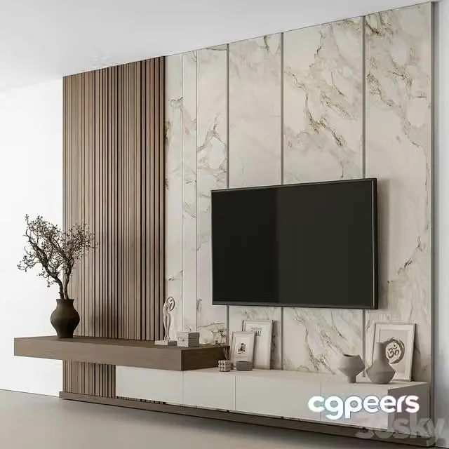 3ds Max Free – TV Wall Stone and Wood – Set 100