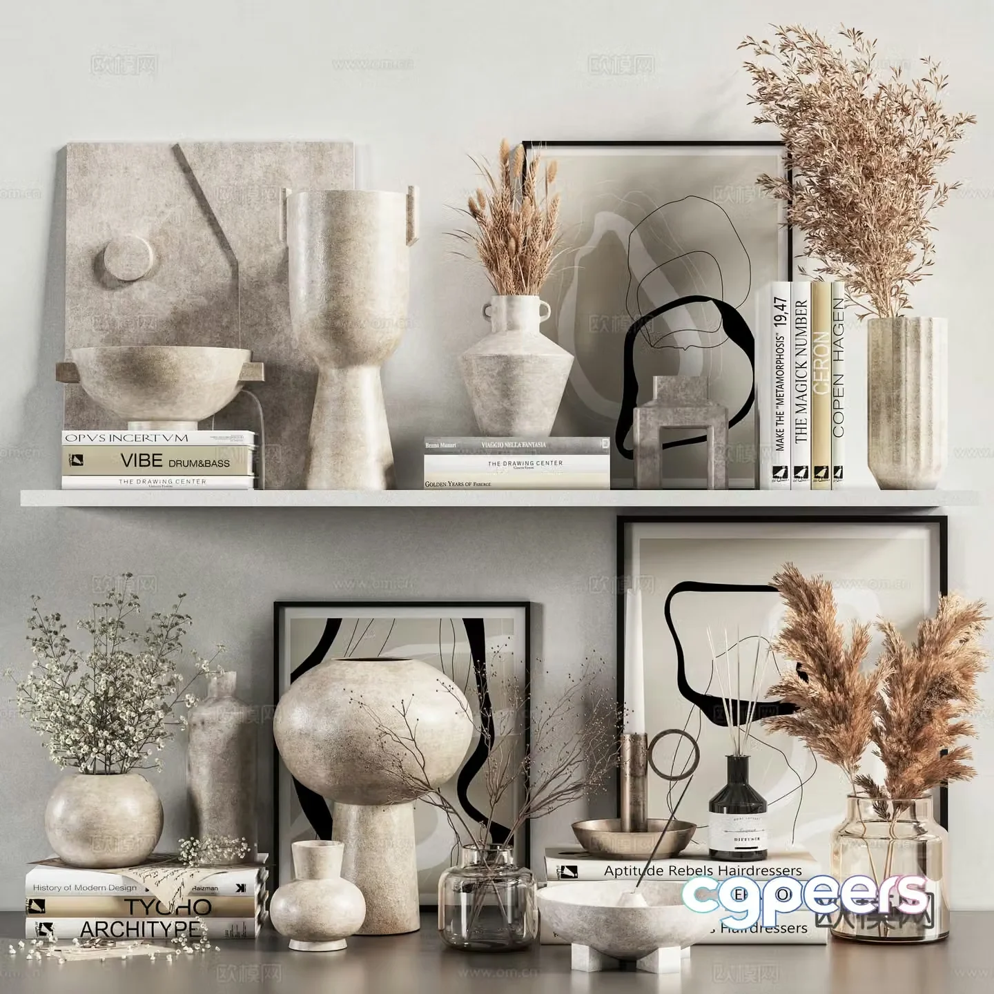 Bookcase ornaments handicrafts vases books 3d model