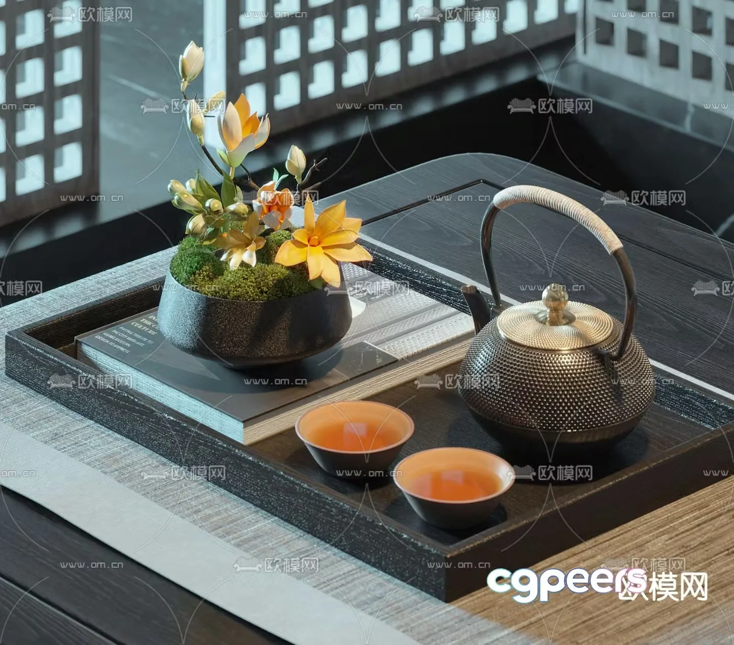 New Chinese style tea set teapot dried flowers 3D model