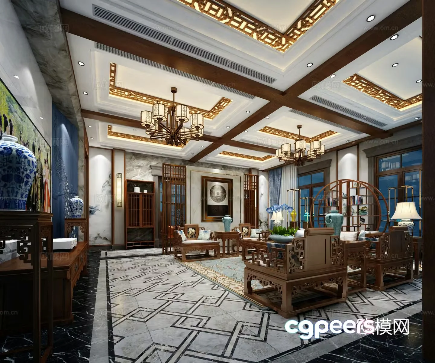 New Chinese style villa living room 3D model