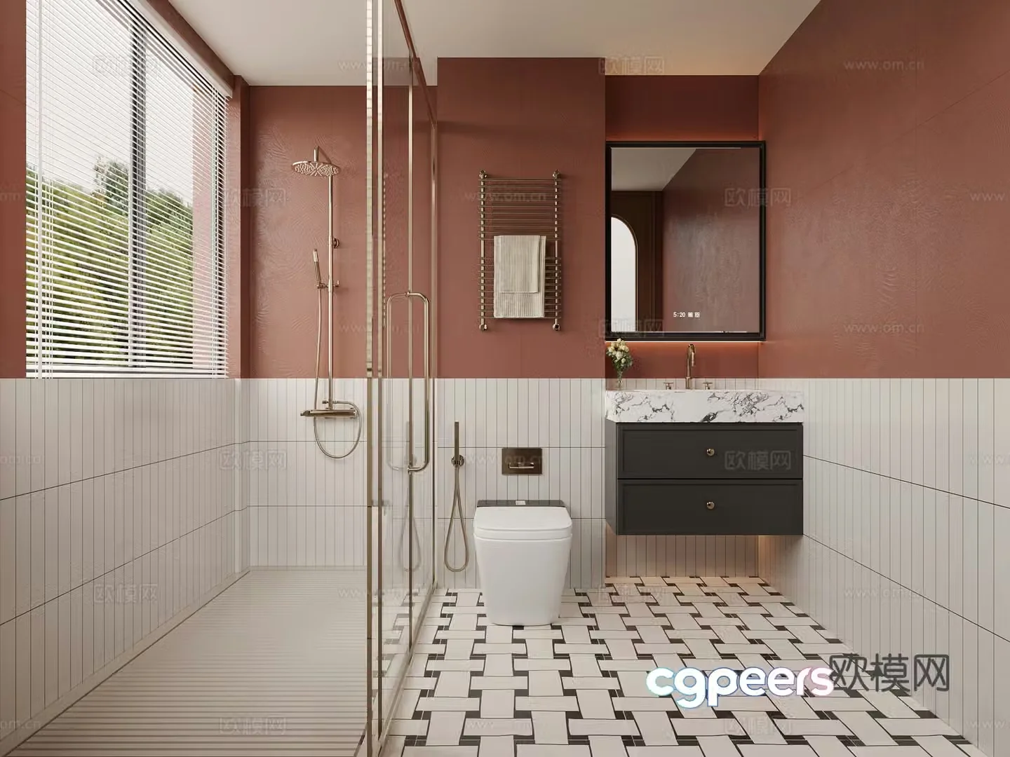 French bathroom niche toilet bathroom cabinet glass partition flower tiles 3d model