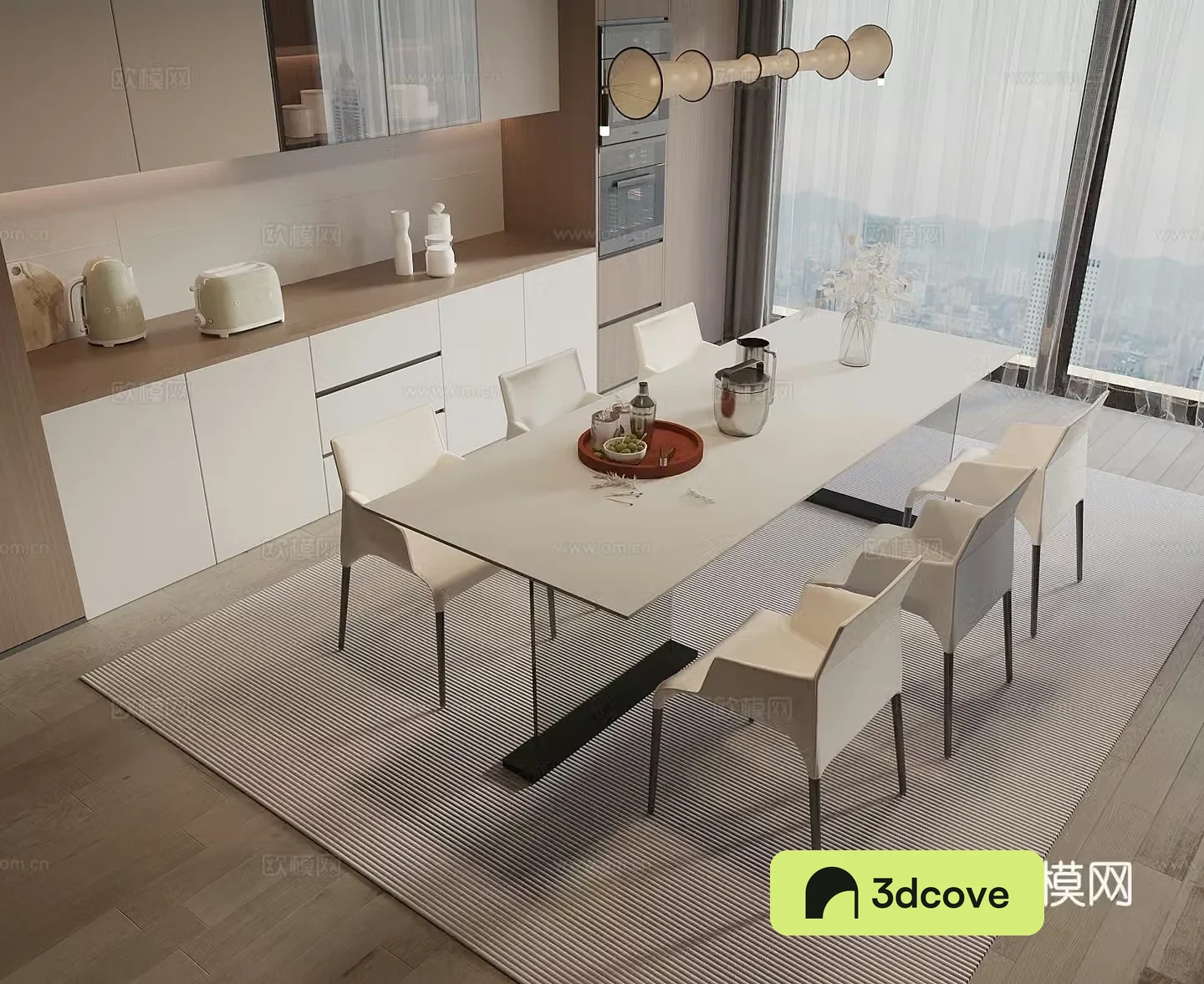 Modern cream style dining table and chair combination art chandeliers wine cabinet sideboard