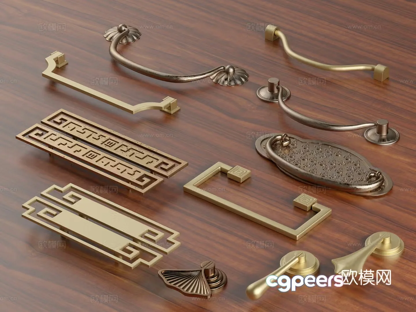 New Chinese style handle classical cabinet door handle drawer handle fan blade handle yellow bronze handle 3D model