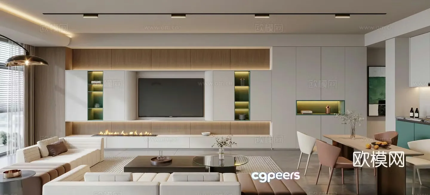 Modern large flat living and dining room 3D model