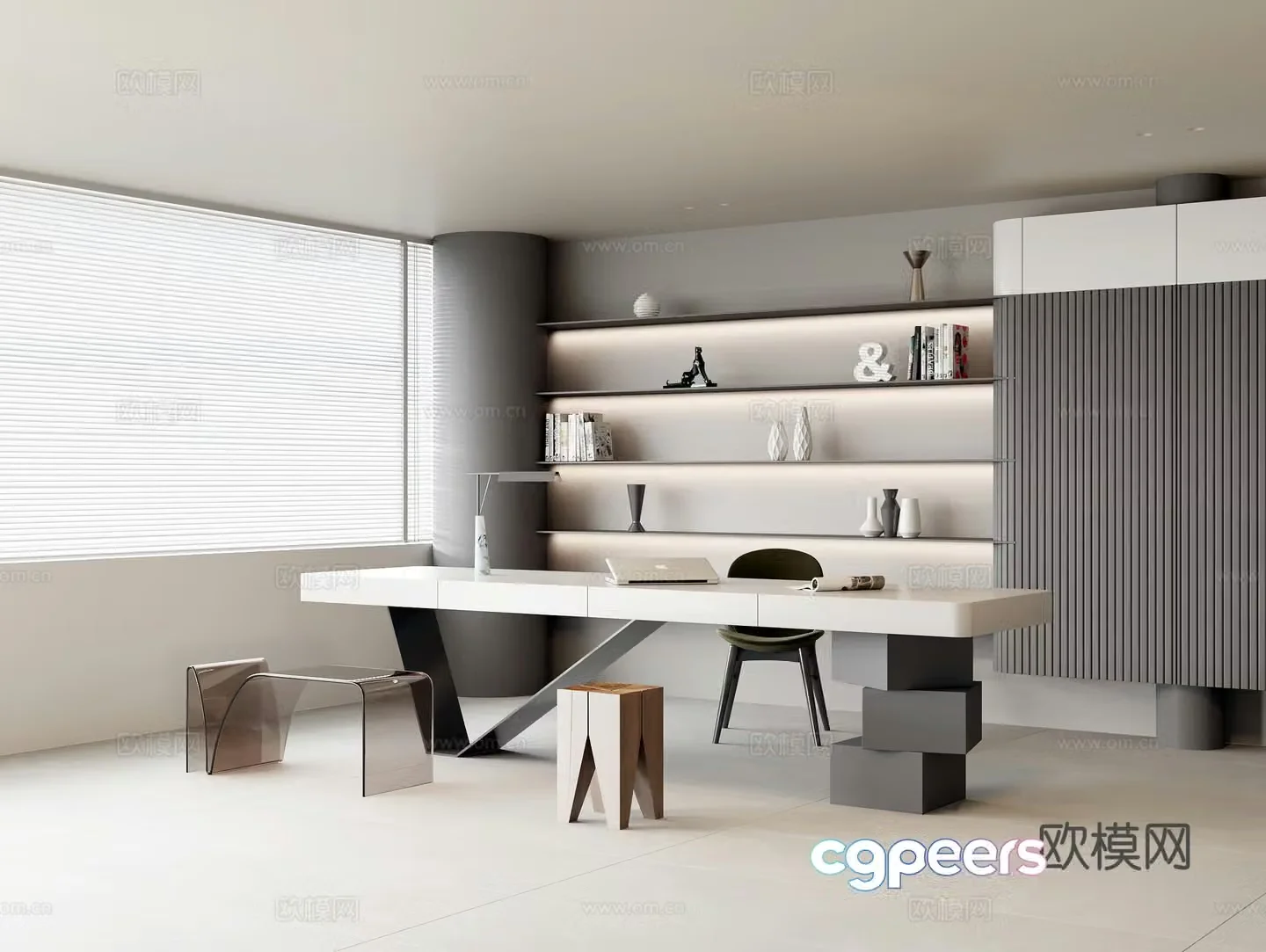 Modern simple study minimalist style study minimalist desk casual single chair acrylic bench wooden 3d model