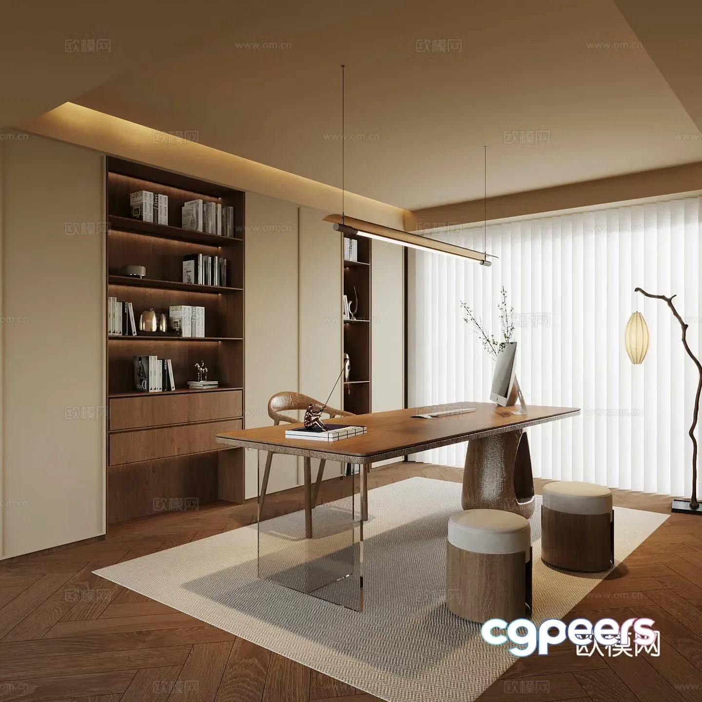 New Chinese style study desk and chair 3D model