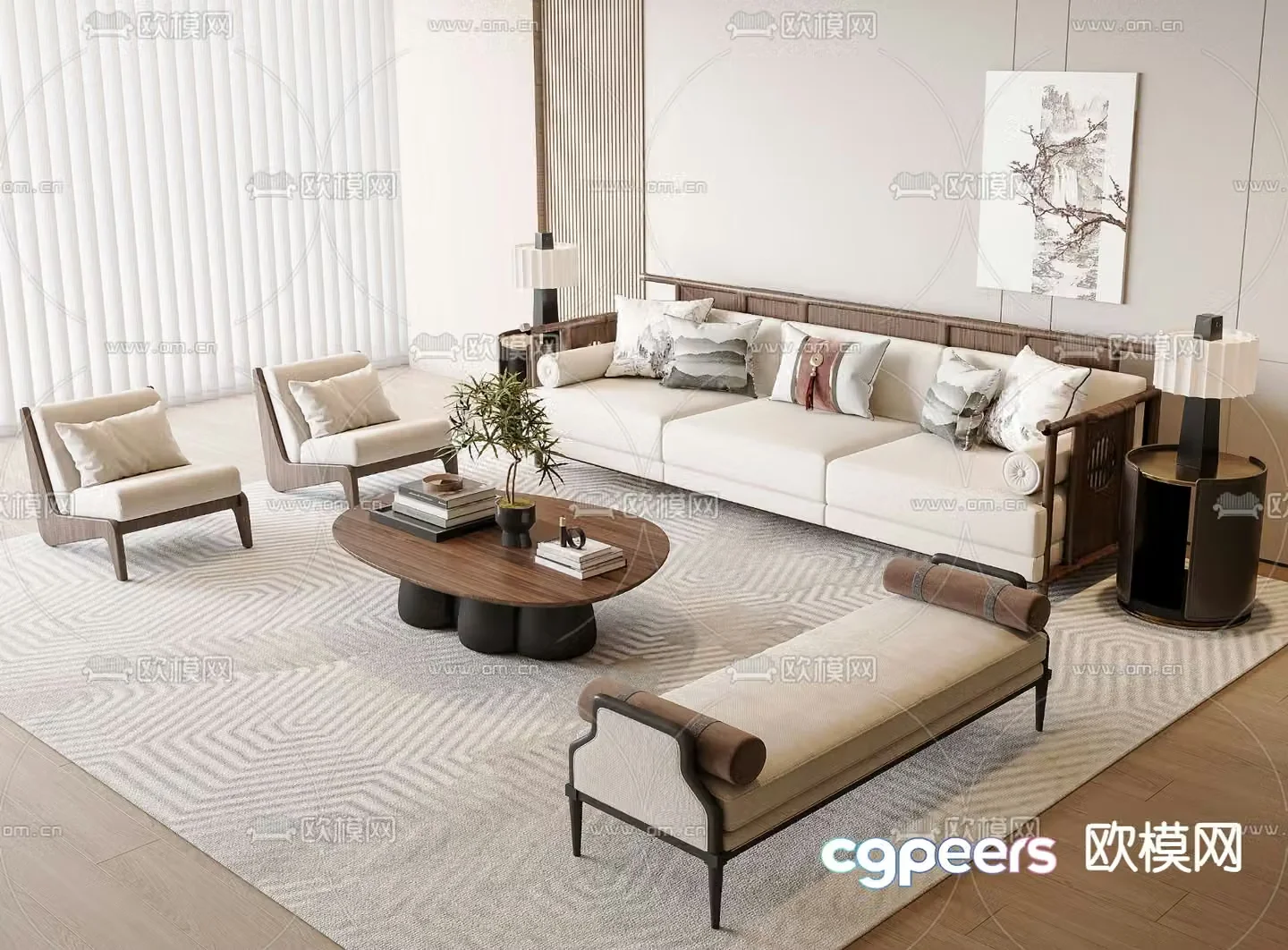 New Chinese style upholstered sofa fabric sofa sofa combination 3d model
