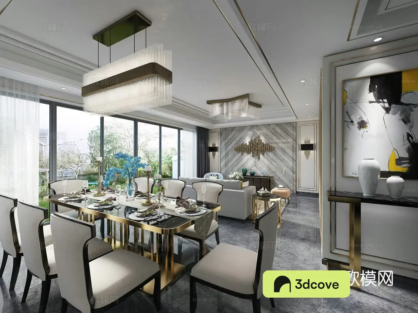 Modern living and dining room sofa coffee table chandeliers TV cabinet hanging painting side cabinet dining table chair