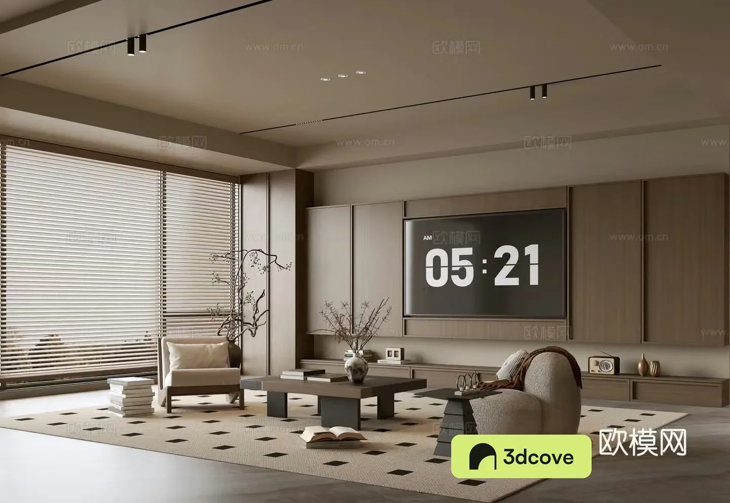 The ancient TV background wall of the TV cabinet and the background wall of the modern Wasabi style living room The ancient style 3D model