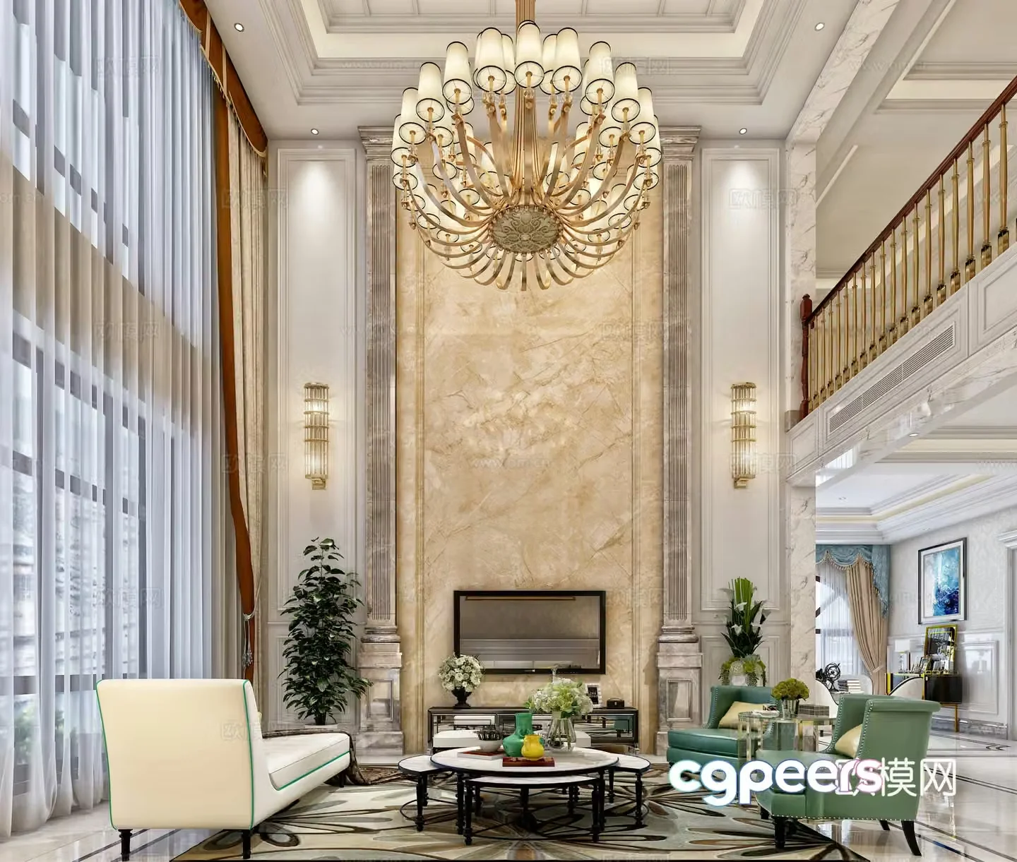 Simple European style villa living room casual empty background wall TV wall sofa chandeliers 3d model