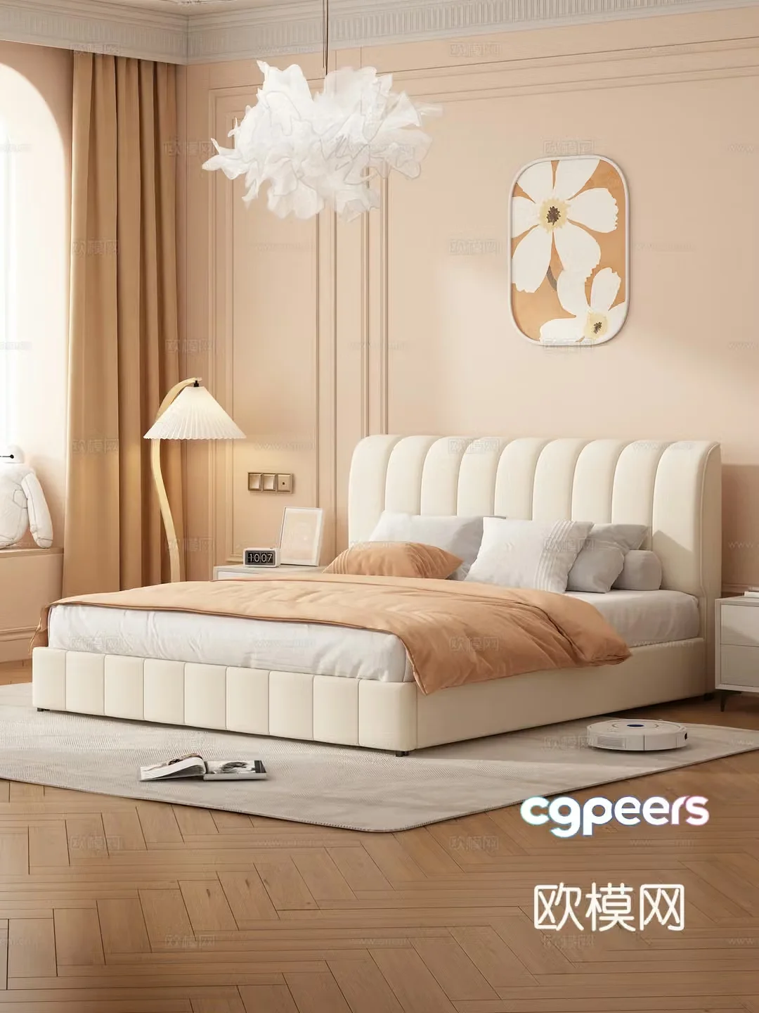 Soft packed double bed Cream home bedroom Master bedroom Bedside table Chandelier Floor lamp Decoration 3D model