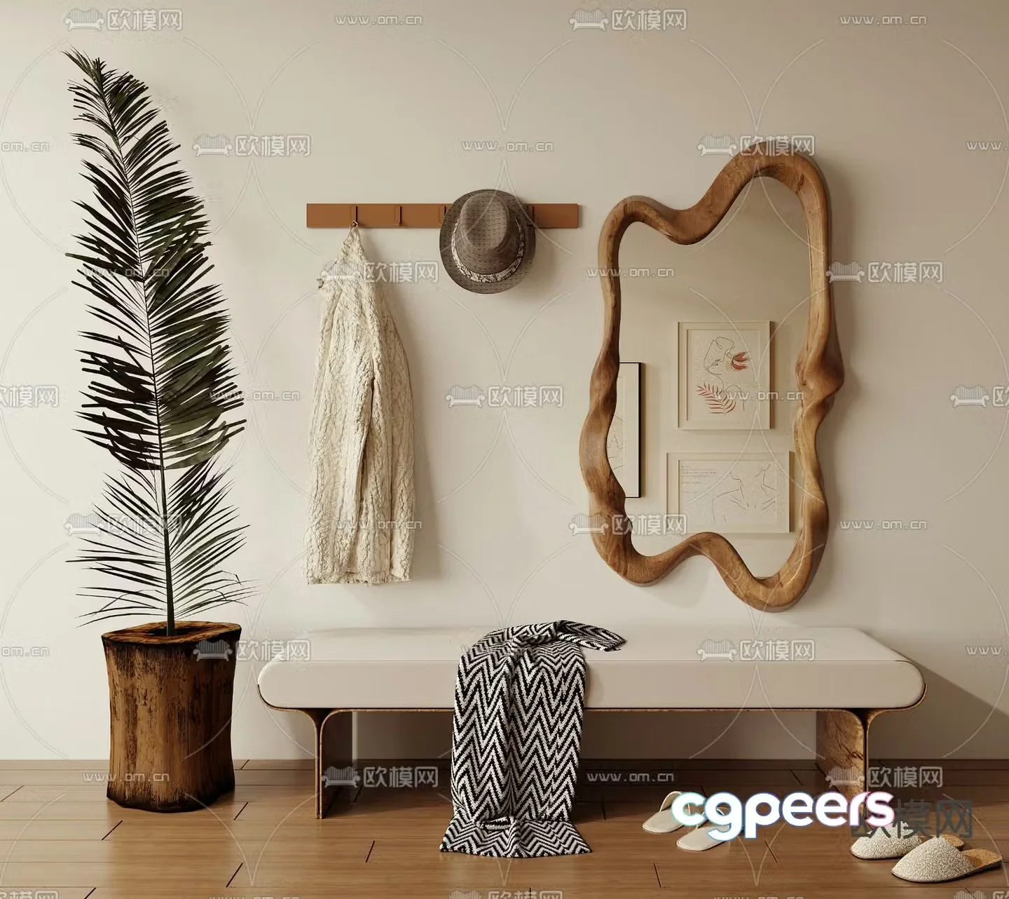 Wabi-sabi style bench shoe-changing bench full-length mirror clothes-hanging rail 3D model