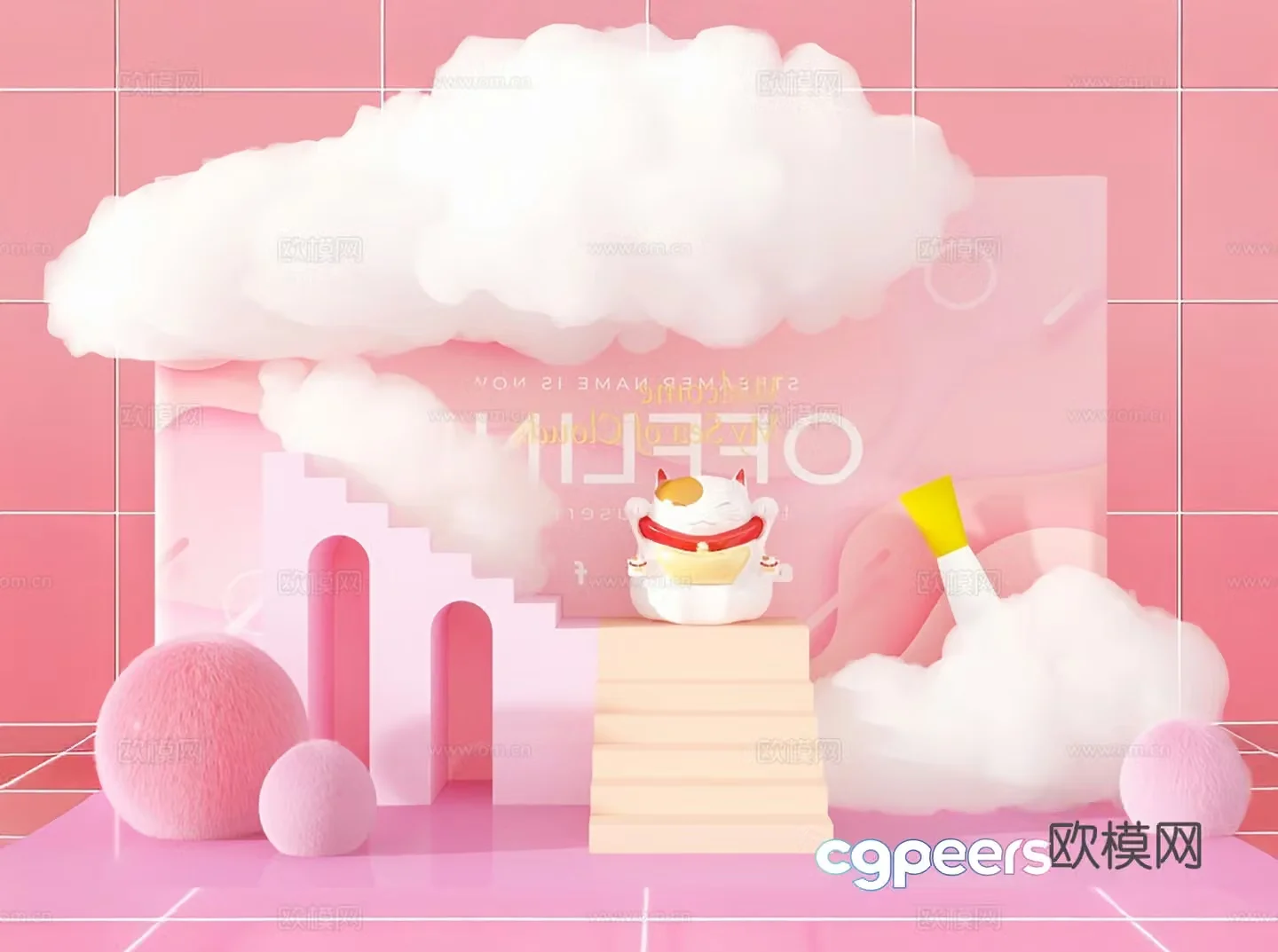 Modern beauty pink dreamy lucky cat cloud smoke hairy photo check-in 3d model
