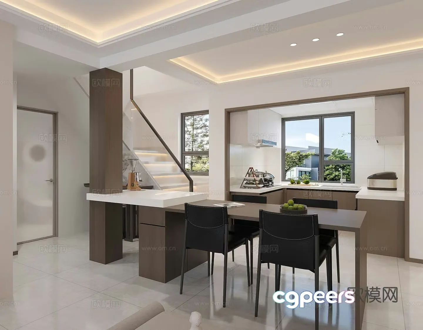 Modern restaurant island bar kitchen stairs 3d model