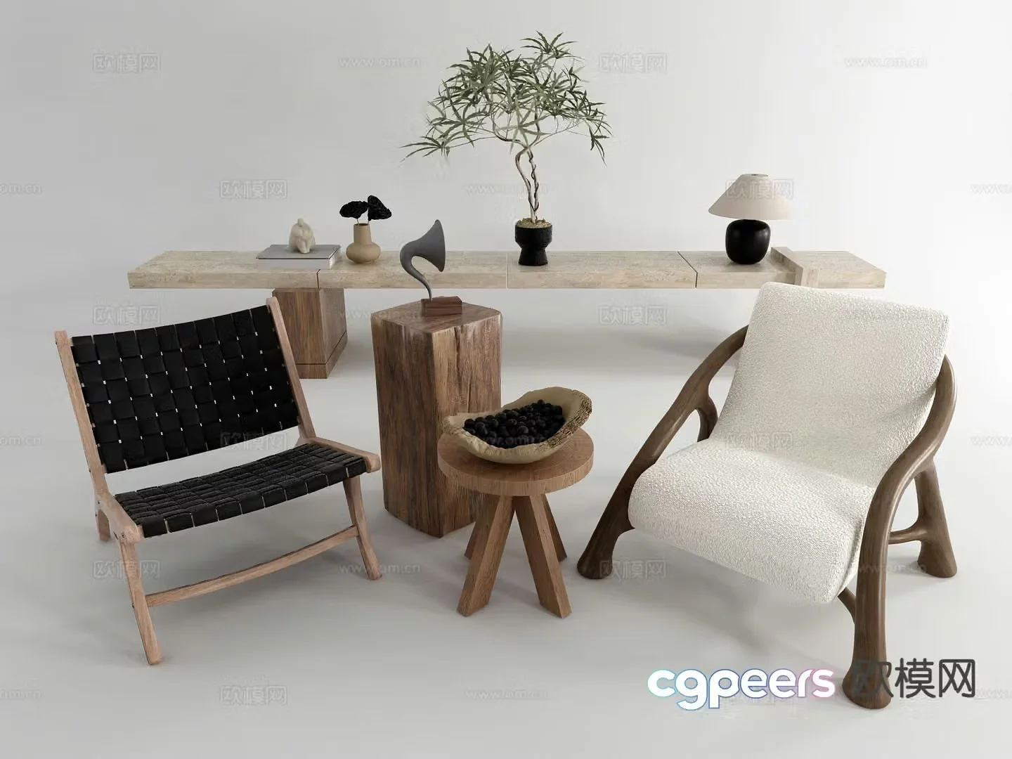 Wabi-sabi style leisure table and chairs 3d model