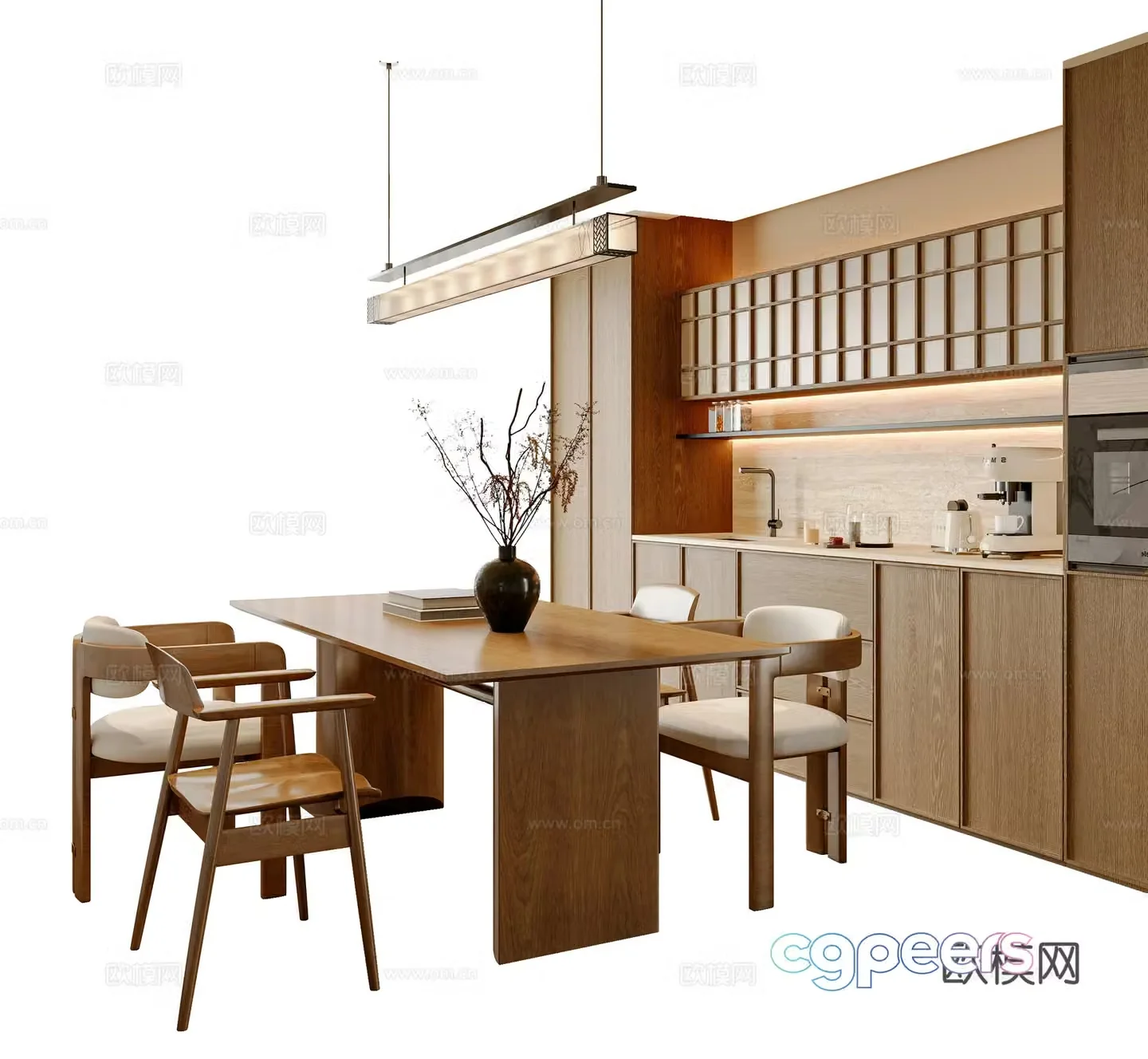 New Chinese style dining table and chair combination dining chair long table chandelier sideboard 3D model