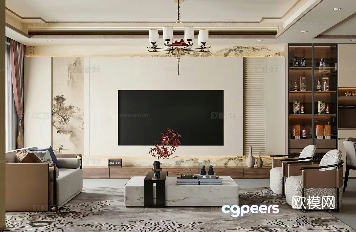 New Chinese style living room TV background wall medieval style living room leisure chair New Chinese style living room 3d model