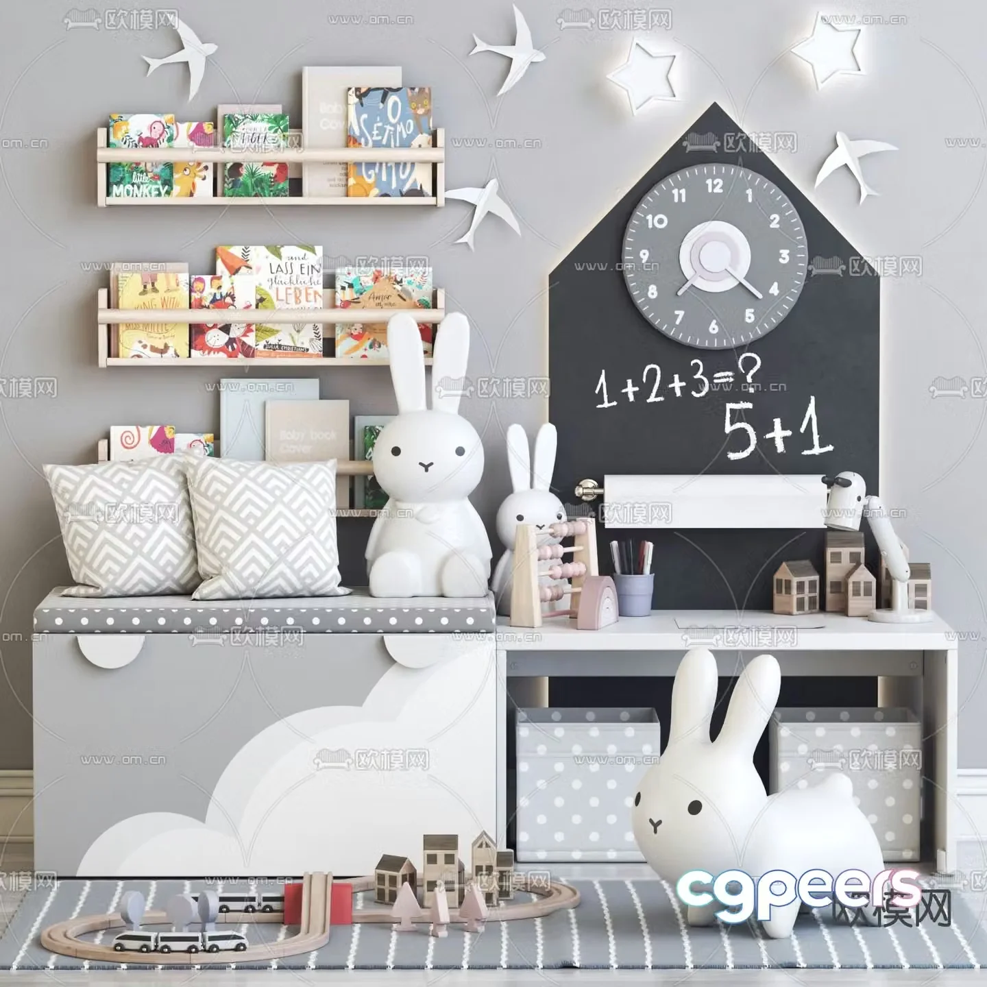 Nordic children’s bench wall mounted bookshelf toys 3d model