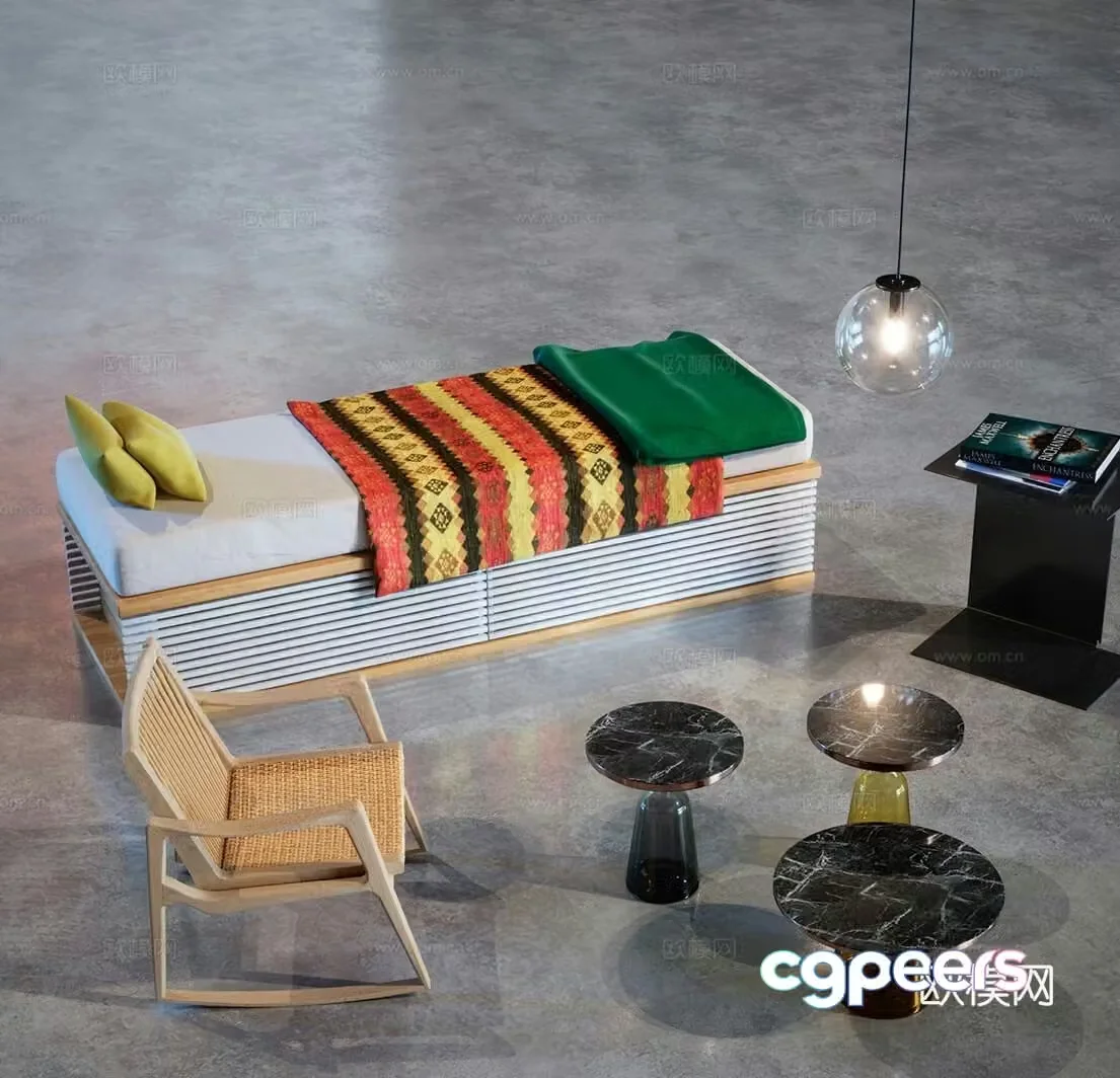 Modern single bed armchair corner table 3d model