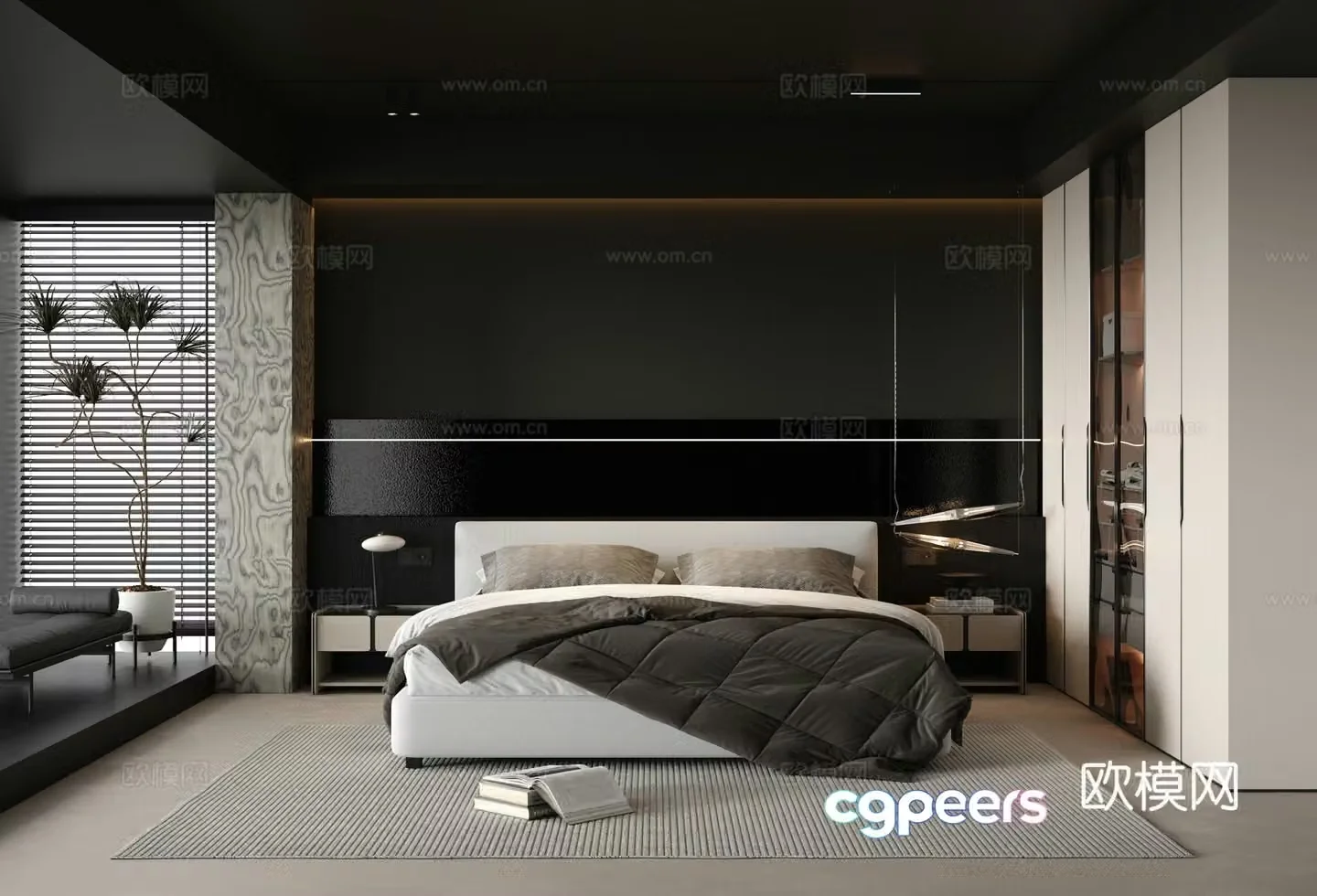 Modern simple home bedroom master bedroom bay window bedroom black and white bedroom bedroom without master lights dark 3d model