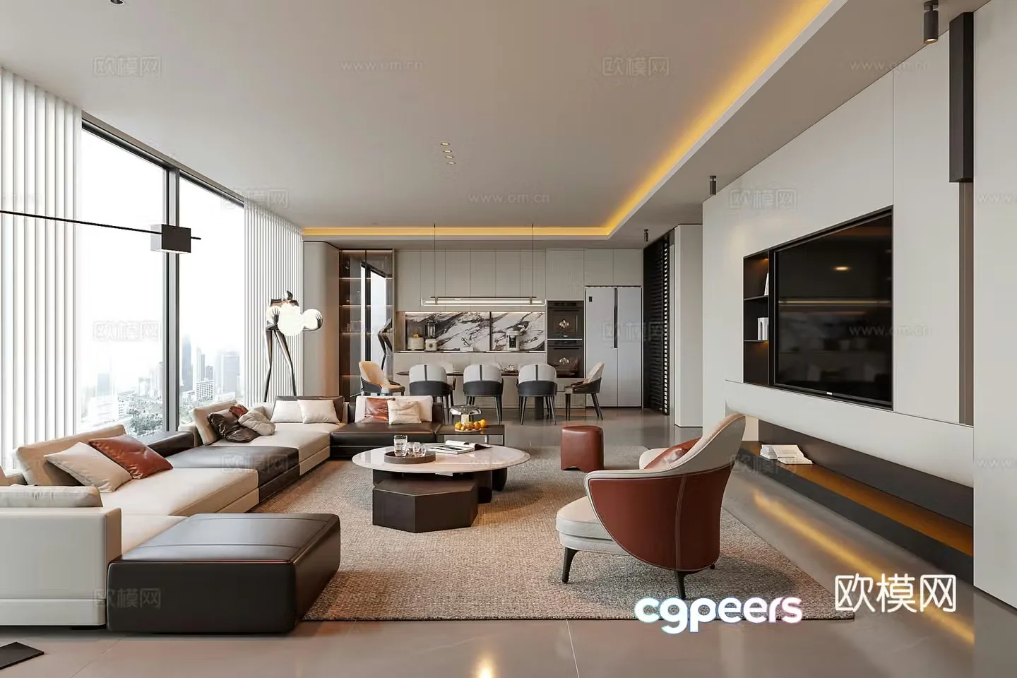 Modern living room sofa coffee table combination TV background wall living and dining room 3D model