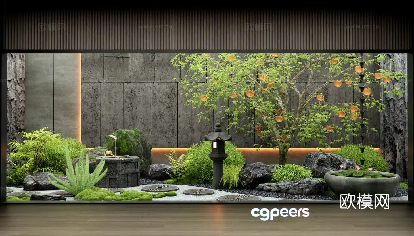 New Chinese style sinking patio courtyard interior landscape dry landscape tingling persimmon tree 3D model