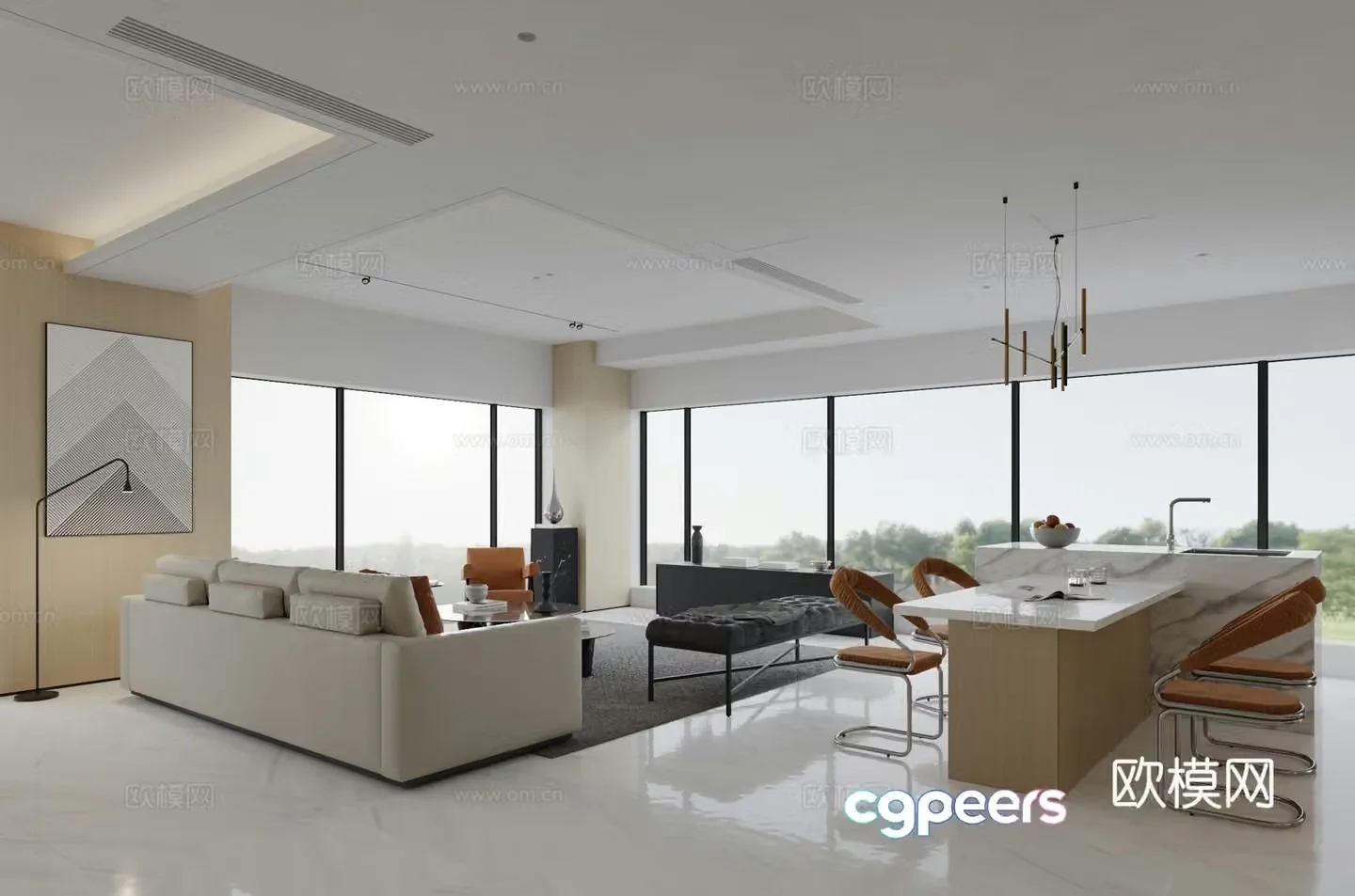 Modern living and dining room 3d model
