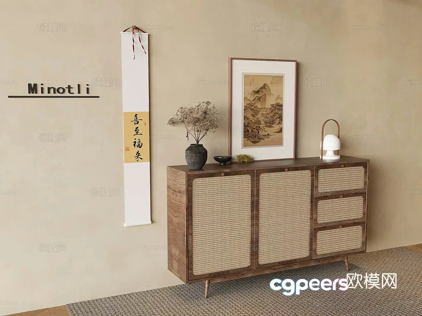 Wasabi Fengtiao woven sideboard solid wood entrance cabinet storage cabinet tea cabinet dining cabinet chest of cabinets 3D model