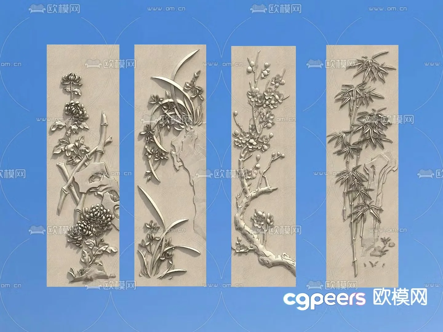 Chinese style flower relief plum orchid bamboo and chrysanthemum relief 3D model