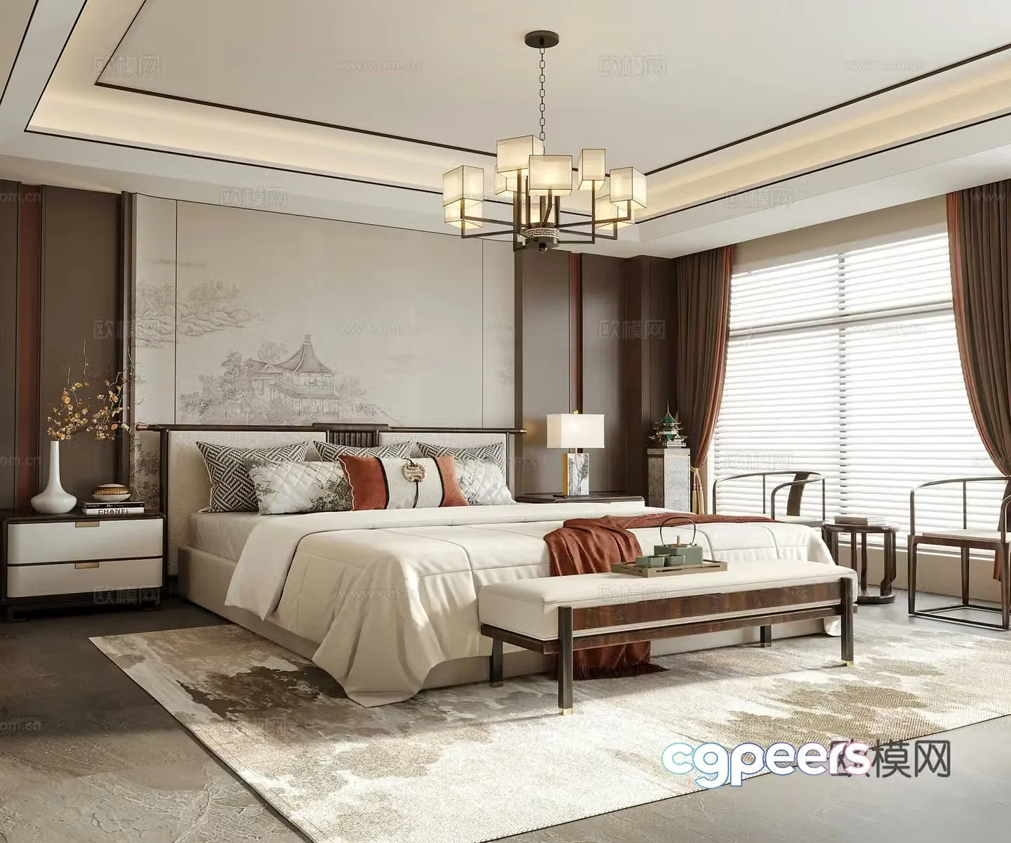 New Chinese style bedroom bedside stool bedroom chandeliers bedside table 3D model