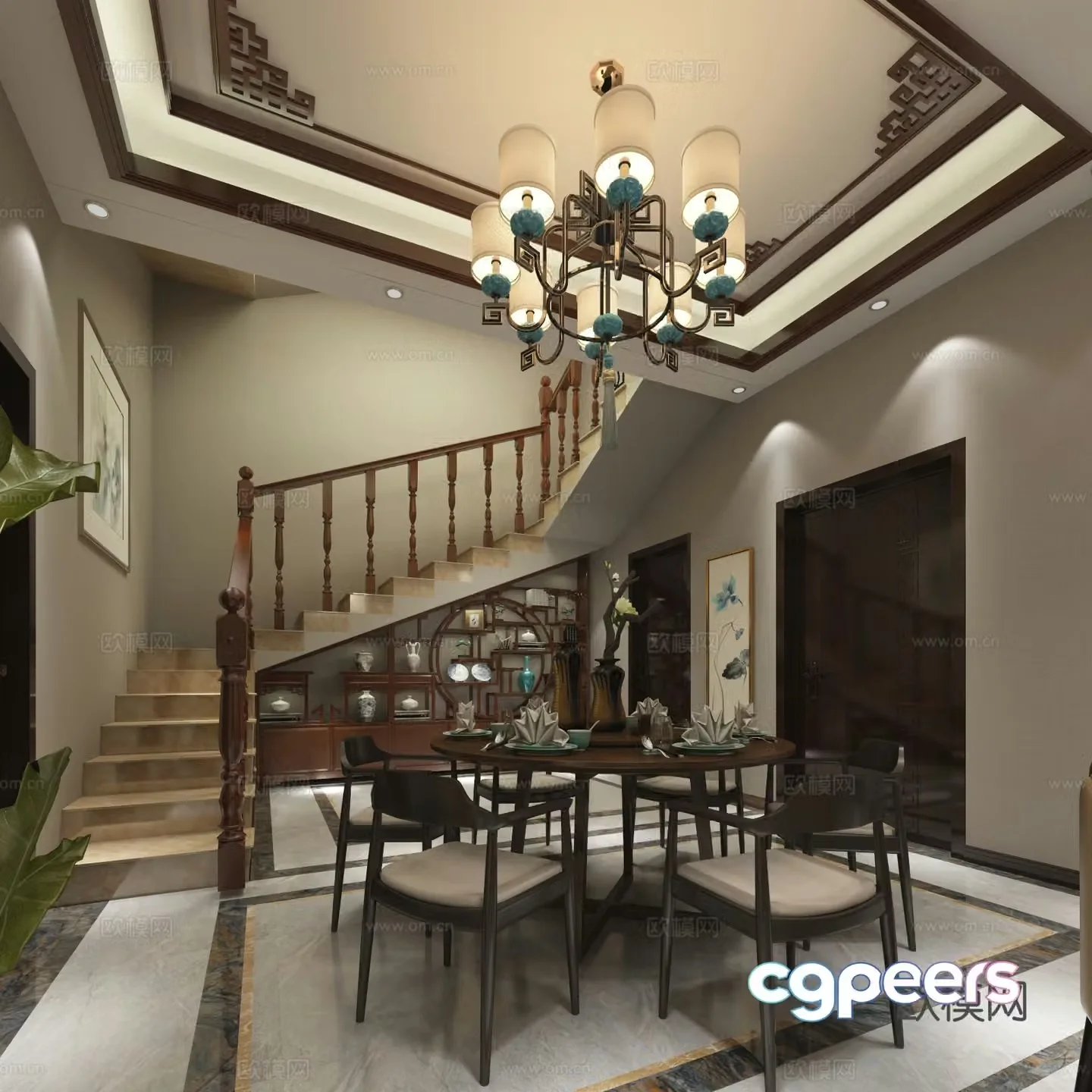 New Chinese style living and dining room herringbone roof chandeliers dining tables and chairs 3D model