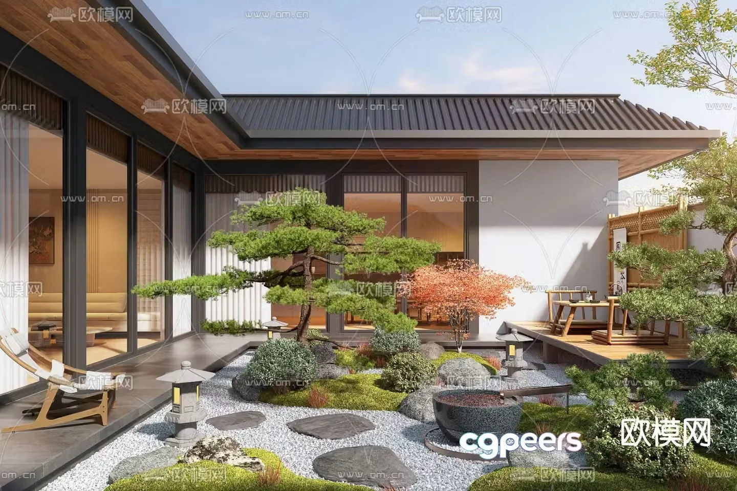 New Chinese style courtyard landscape villa courtyard 3D model