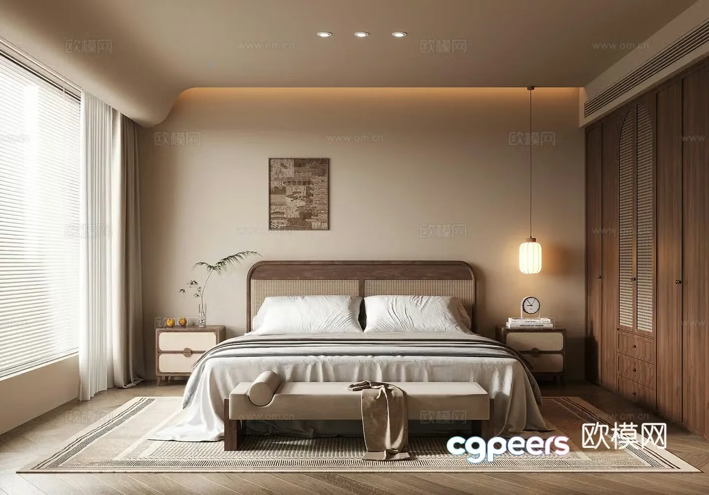 Middle style bedroom wardrobe double bed 3d model