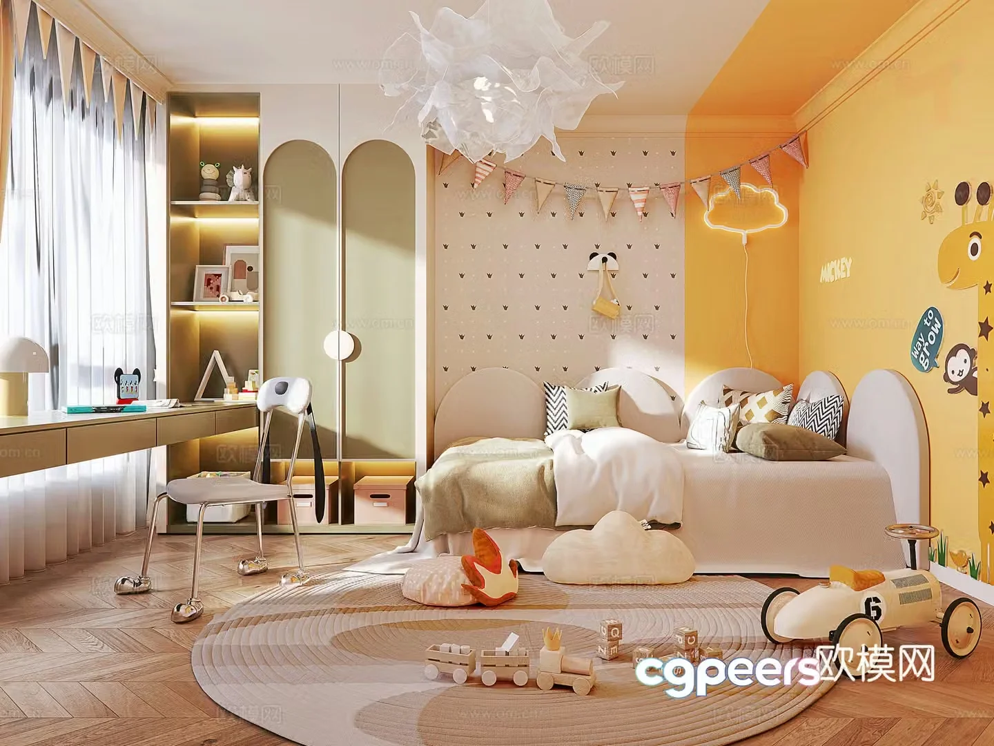Modern style children’s room desk and chair combination children’s bed children’s wardrobe toys and ornaments round 3d model