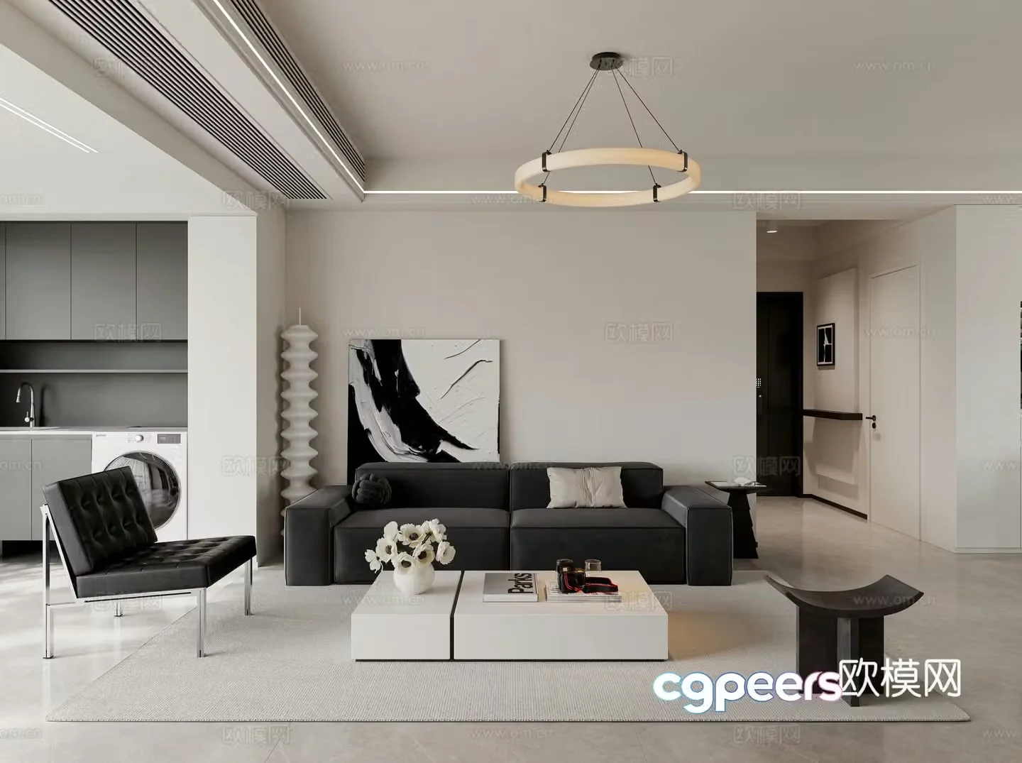 Modern black white and gray living room balcony 3d model