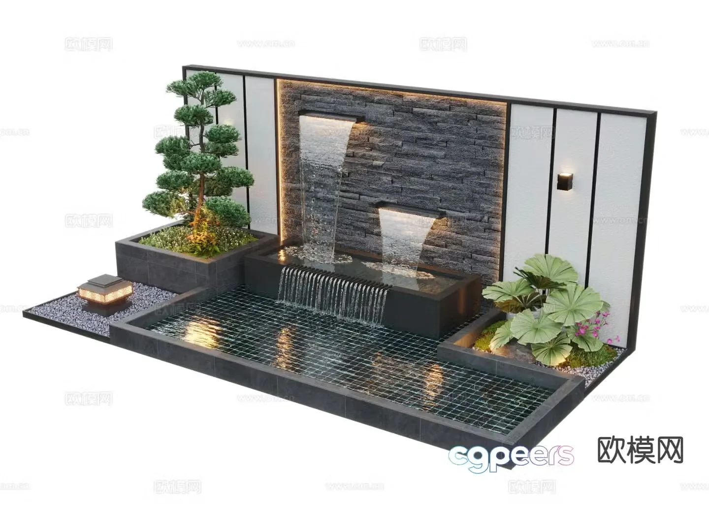 New Chinese style fountain water feature wall falling water wall 3D model