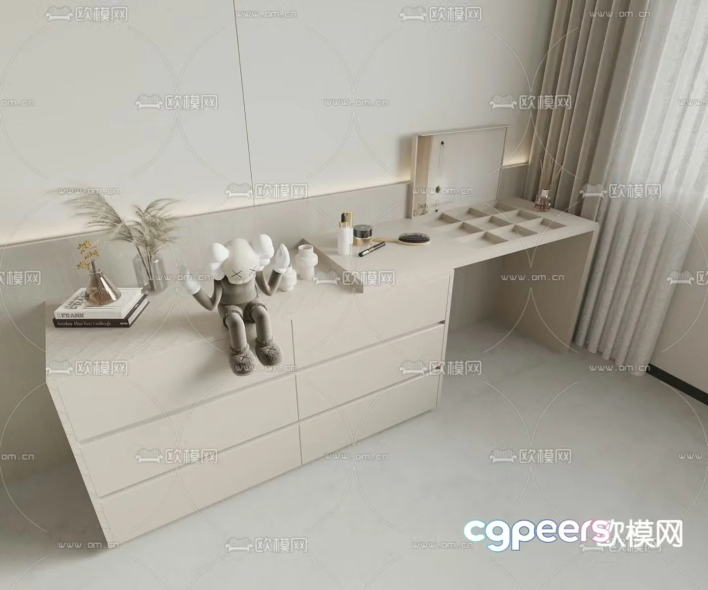 Cream style dressing table makeup table 3d model