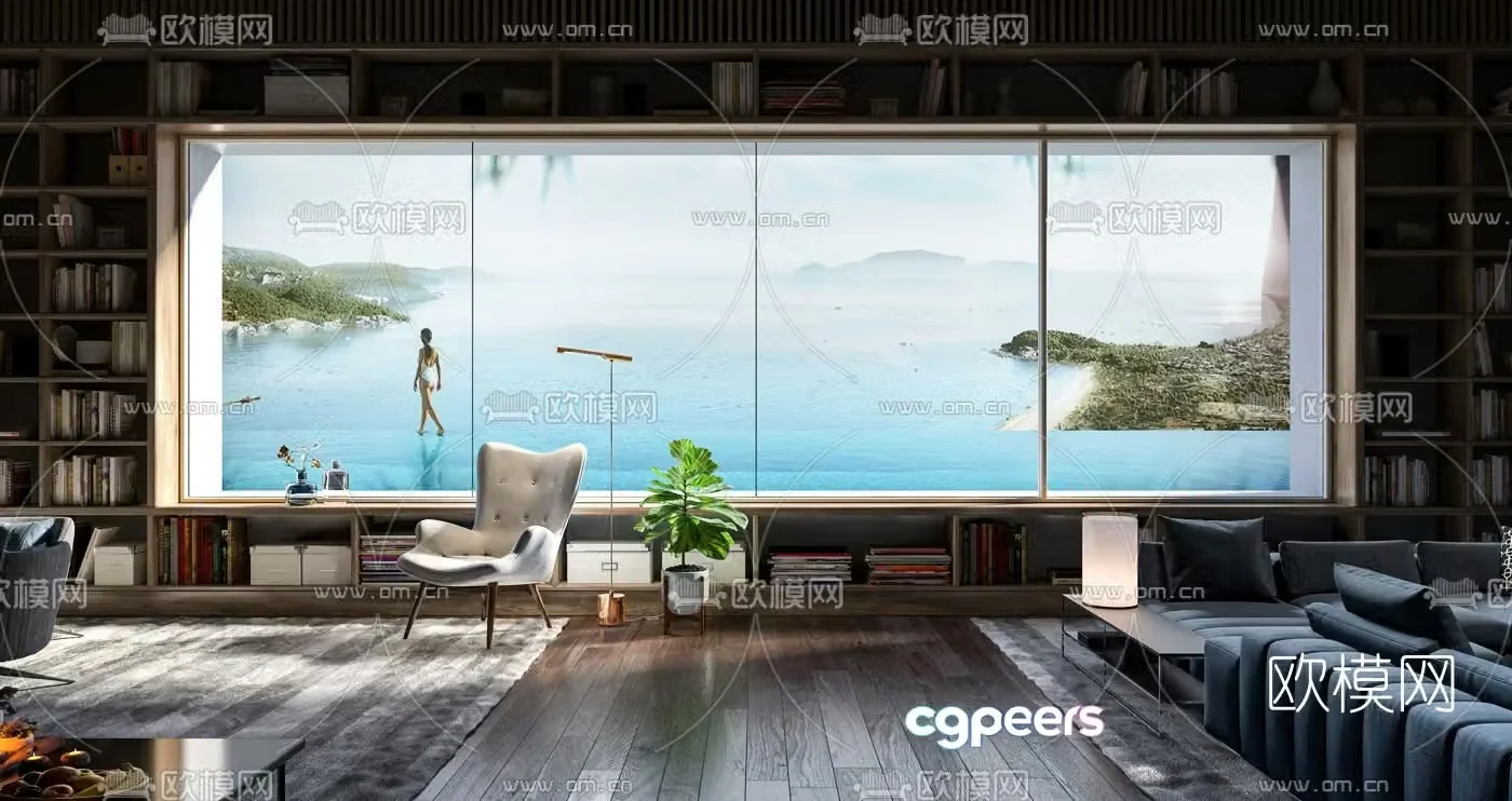 Modern hotel sea view room 3d model