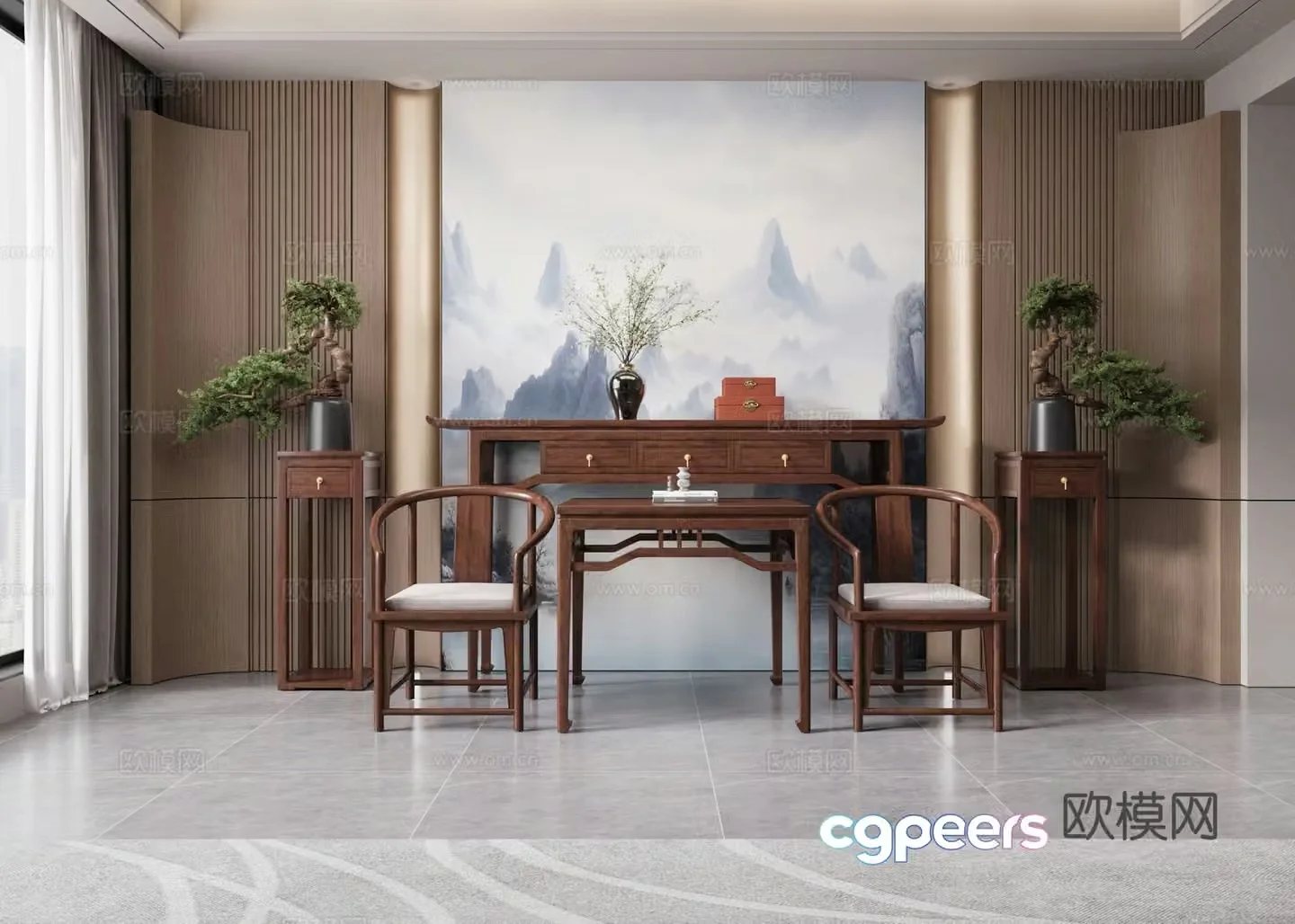 New Chinese style end viewing platform plan entrance table eight immortals table flower stand Taishi chair 3D model