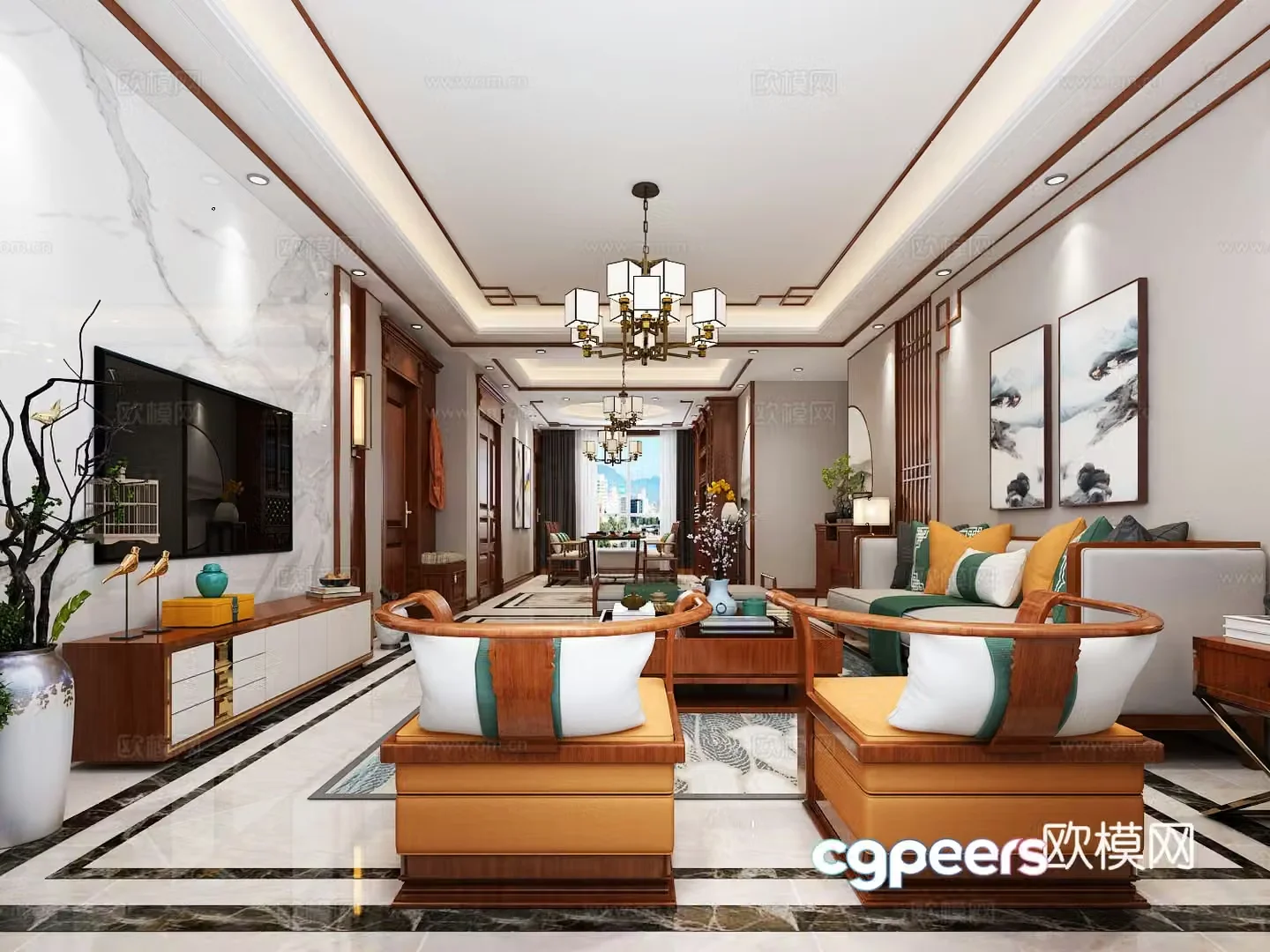 Chinese style new Chinese style living and dining room sofa TV cabinet decorative cabinet dining table wine cabinet hanging painting 3D model
