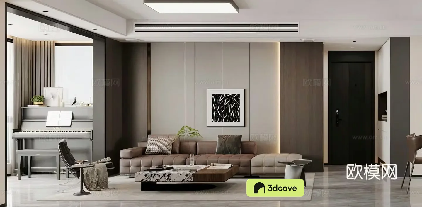 Modern living and dining room combination sofa piano study lounge chair dining table modern living room