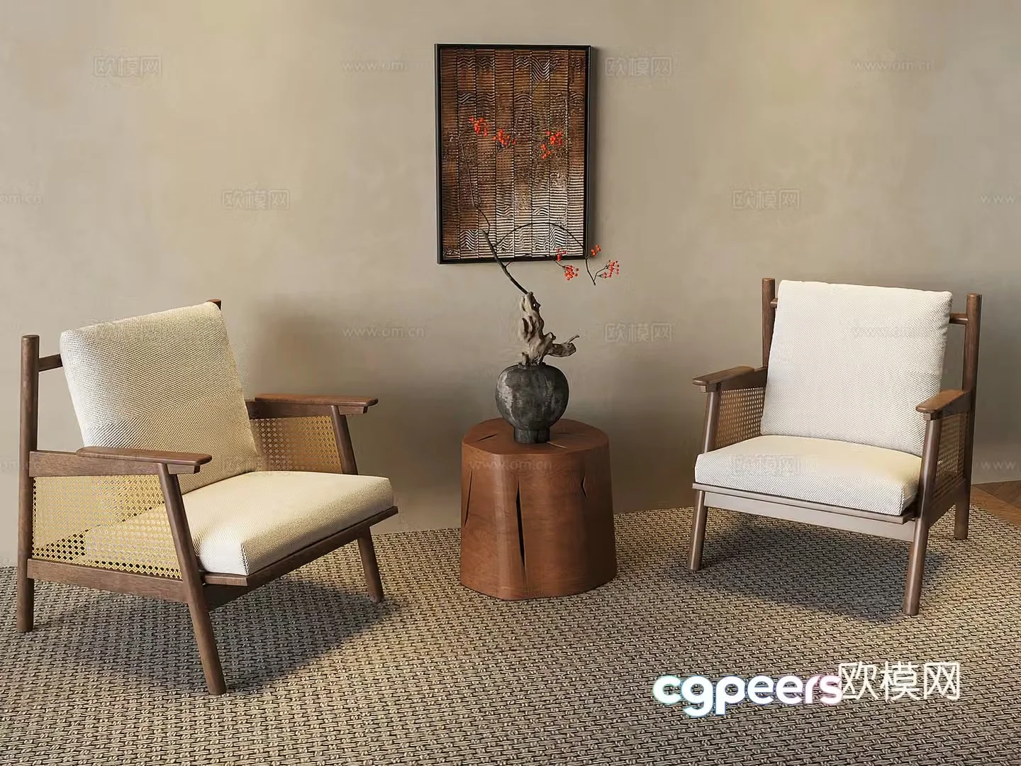 Wasabi Middle Style Tea Table and Chair Rattan Solid Wood Sofa Chair Flowers Tea Table Round Vase 3D Model