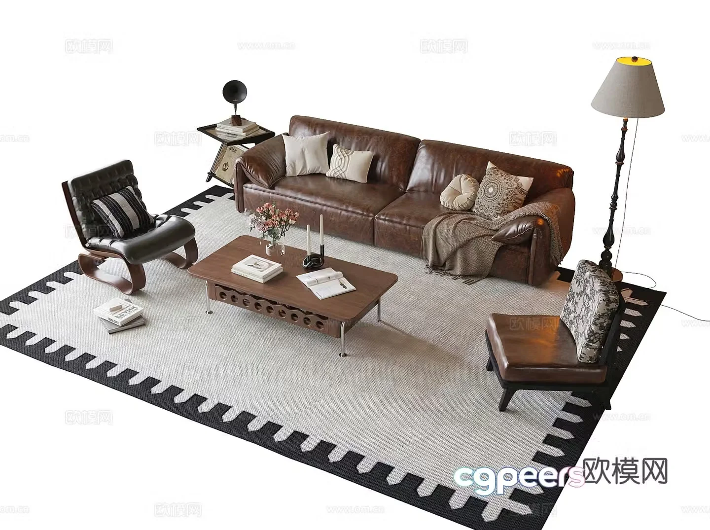 French sofa coffee table combination coffee table single sofa carpet floor lamp 3d model