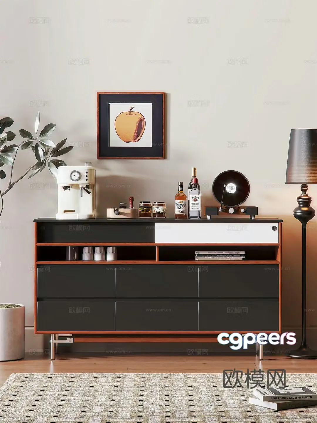 Modern medieval sideboard potted green plants coffee maker floor lamp sideboard ornaments decorative painting 3D model