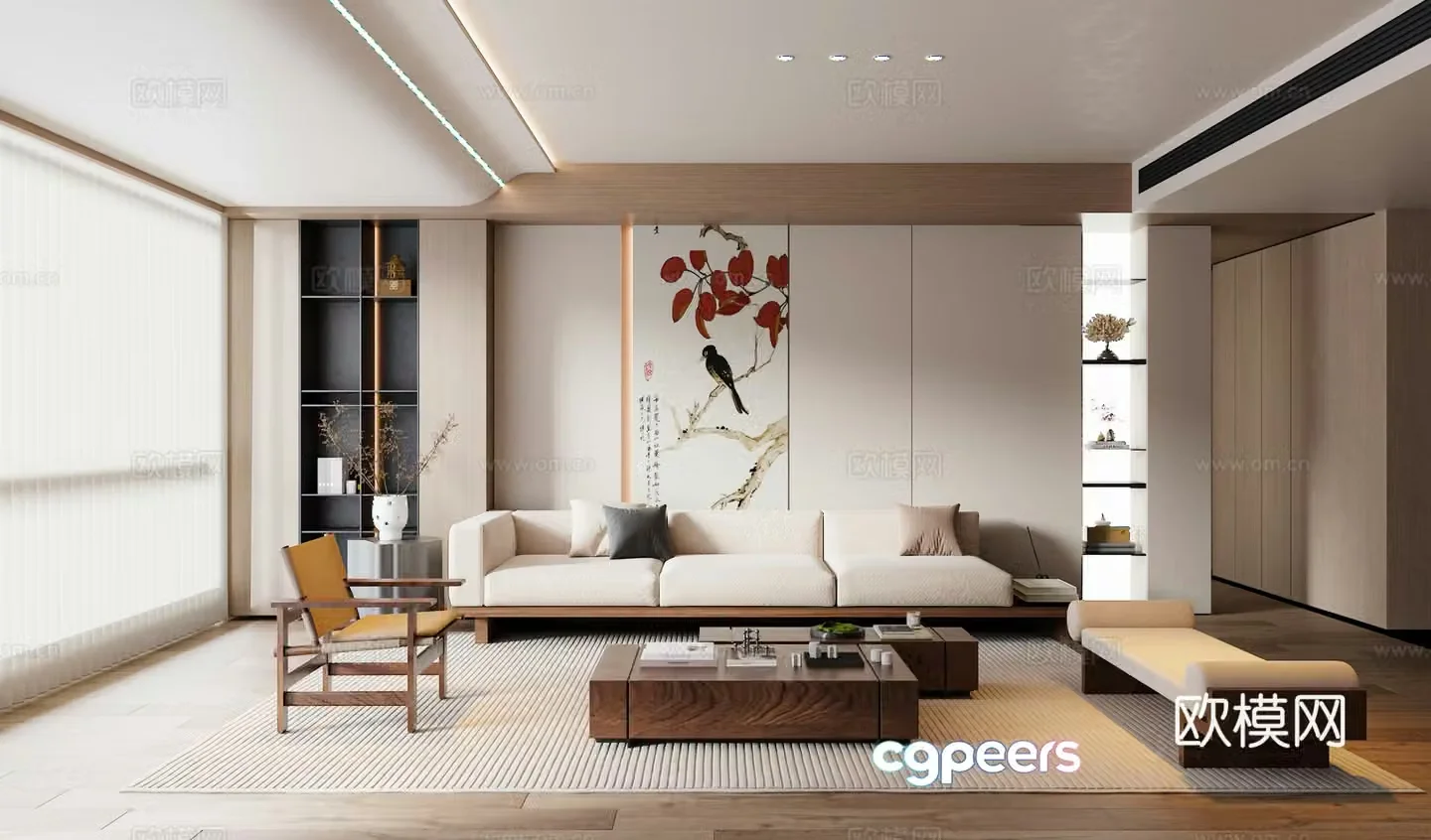 New Chinese living room sofa and coffee table combination green plants accessories desk lamp background wall 3D model