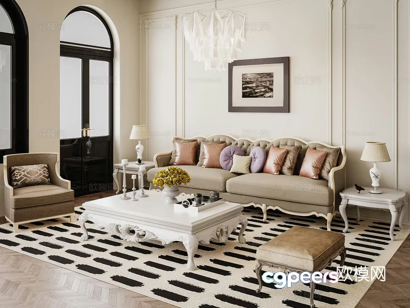 European living room French living room European sofa combination Single chair Coffee table Chandelier 3D model