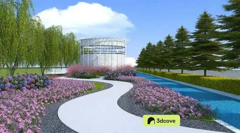 A Serene Garden Scene With A Winding Path Featuring A Variety Of Plants And